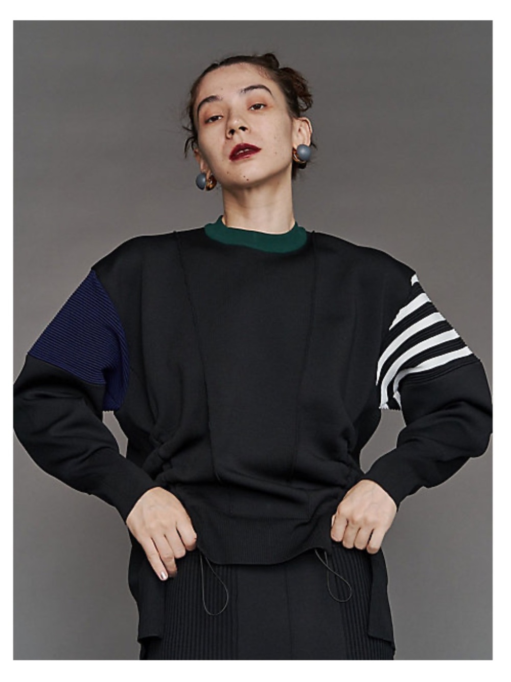 UN3D Side Gather Color block Knit Top Sweater - Designer Japanese Street style